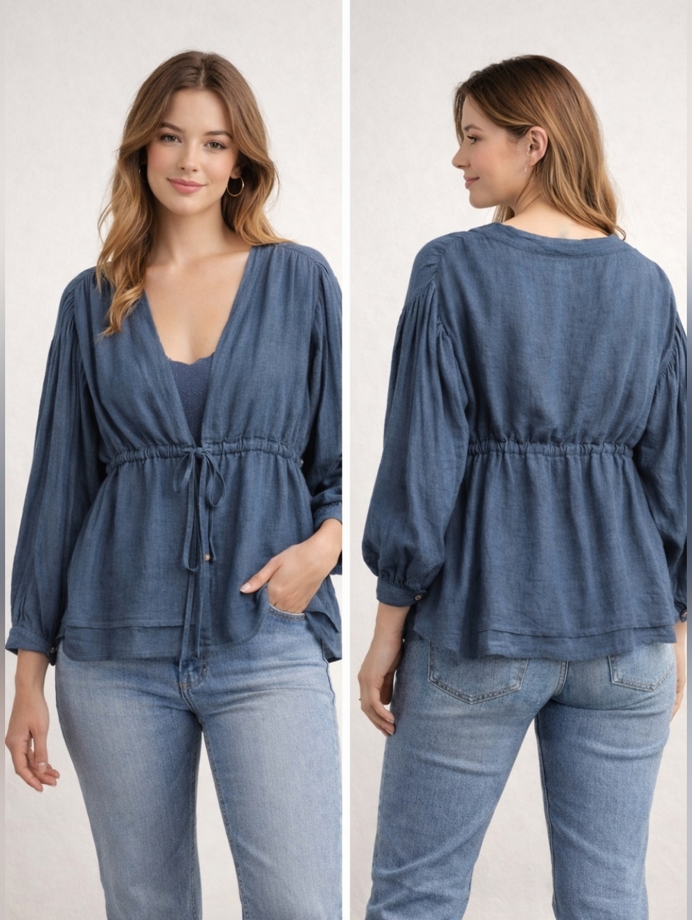 Flawless Drawstring Peasant Blouse‎ V-neck Blue Womens Size S Boho Cottagecore